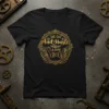 Black t-shirt with gold text "SHE GOT Mad Hustle & a Dope Soul" in a circular steampunk-inspired design with wings