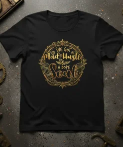 Black t-shirt with gold text "SHE GOT Mad Hustle & a Dope Soul" in a circular steampunk-inspired design with wings