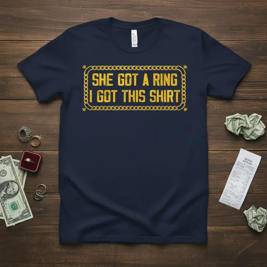 She Got A Ring I Got This Shirt humorous quote with gold chain border on a navy t-shirt