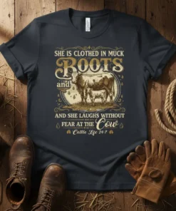 T-shirt design with quote "SHE IS CLOTHED IN MUCK BOOTS and AND SHE LAUGHS WITHOUT FEAR AT THE COW Cattle