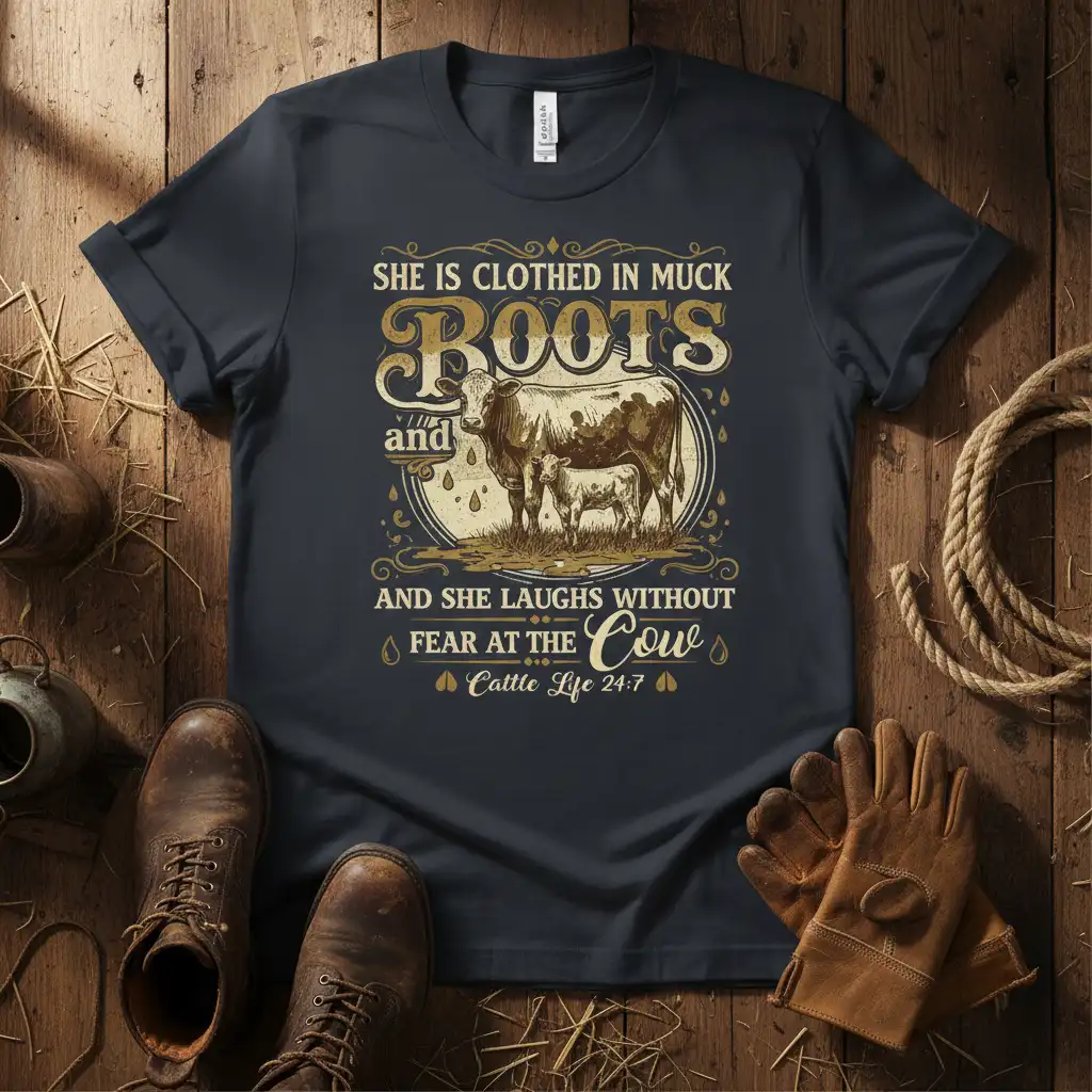 She Is Clothed In Muck Boots and She Laughs Without Fear At The Cow Cattle Life 24:7 quote t-shirt with cow graphic