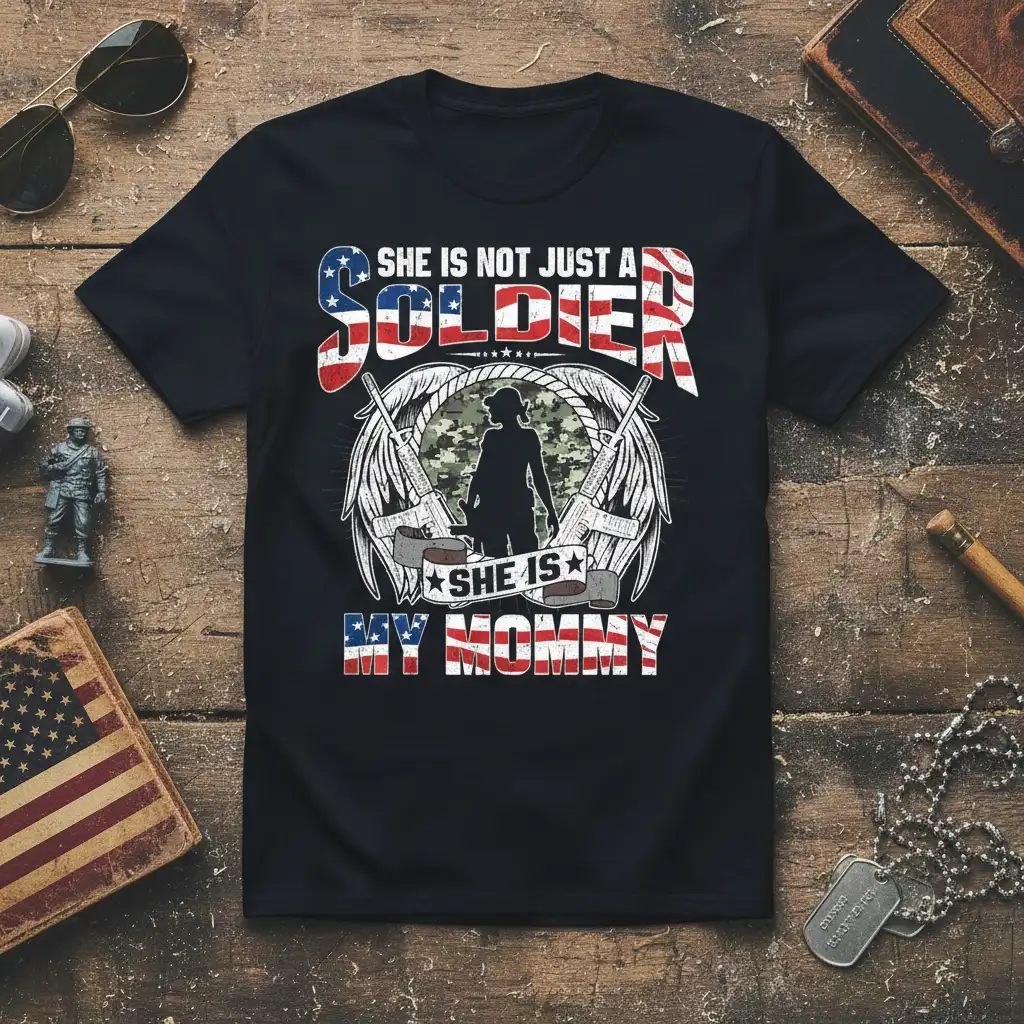 She Is Not Just A Soldier She Is My Mommy patriotic t-shirt design with female soldier silhouette and American flag elements
