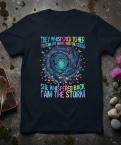 The Storm Quote T-Shirt features the empowering text "They Whispered To Her You Can Not Withstand The Storm, She Whispered