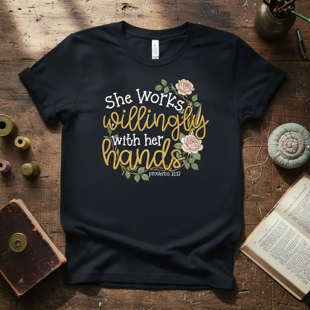 She Works Willingly With Her Hands Proverbs 31:12 scripture design with floral accents on a black tee