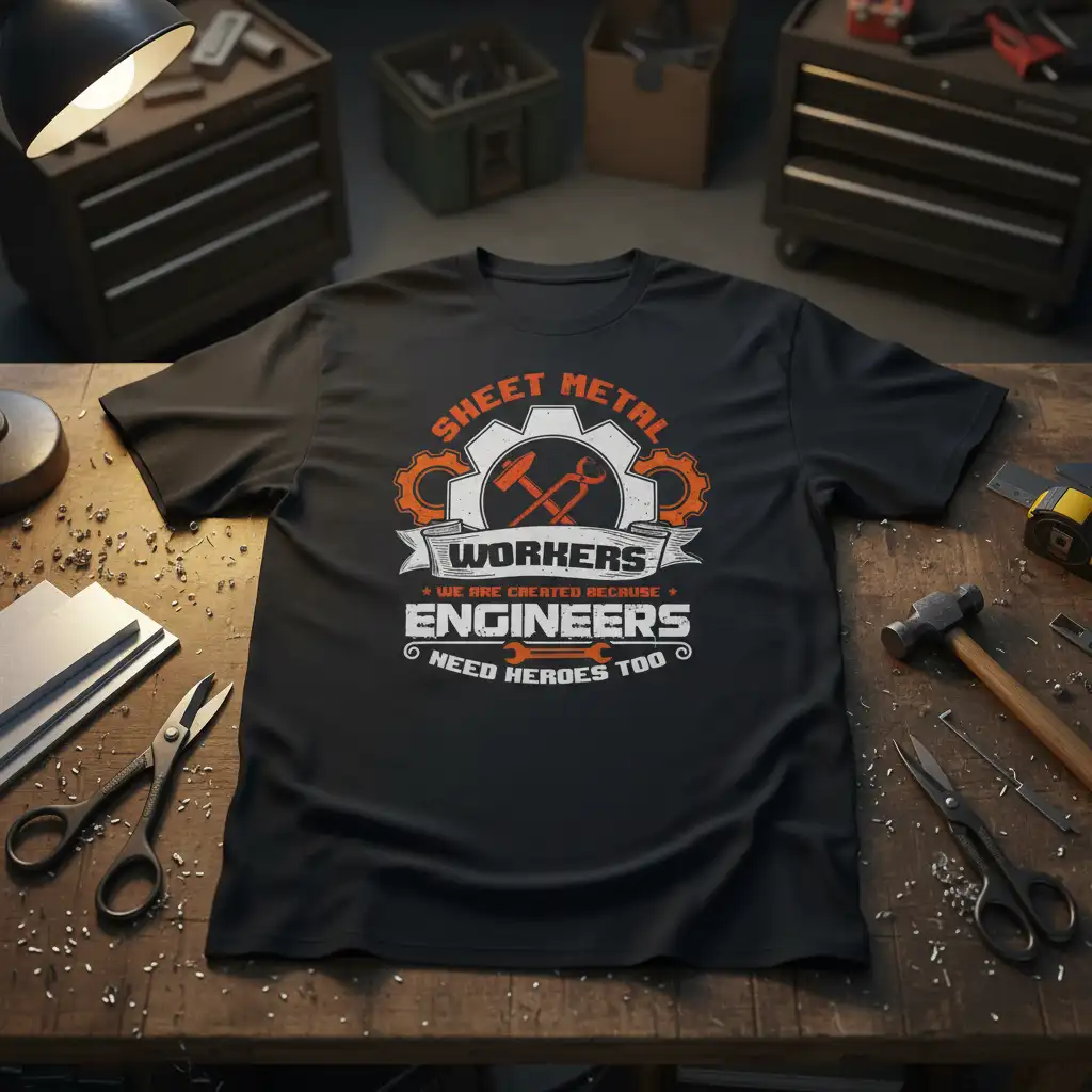 Sheet Metal Workers We Are Created Because Engineers Need Heroes Too quote on t-shirt with industrial graphics
