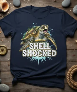 Sea turtle with "Shell Shocked" text, splashing water graphic, navy t-shirt design