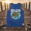 "Shell Yeah" text above a sea turtle swimming in waves, coral, and sea life graphic on a blue tank top