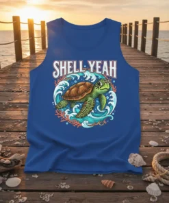 "Shell Yeah" text above a sea turtle swimming in waves, coral, and sea life graphic on a blue tank top