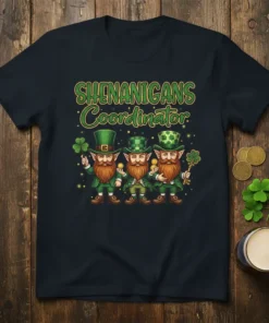 Shenanigans Coordinator text with three leprechauns holding gold coins and a key on a navy t-shirt for St. Patrick's Day