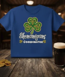 Shenanigans Coordinator St. Patrick's Day t-shirt design with a green Celtic shamrock and playful typography
