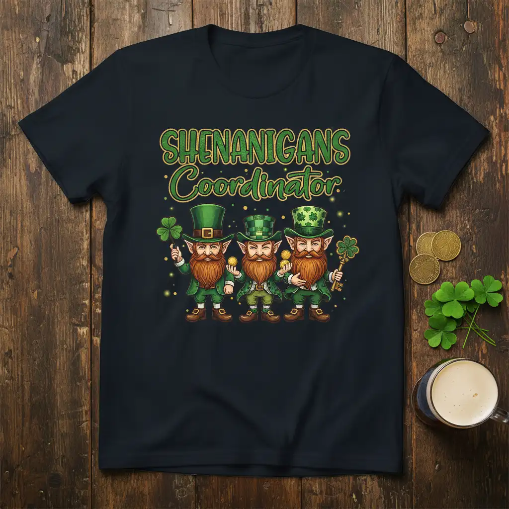 Shenanigans Coordinator text and three leprechauns graphic design for St. Patrick's Day shirt