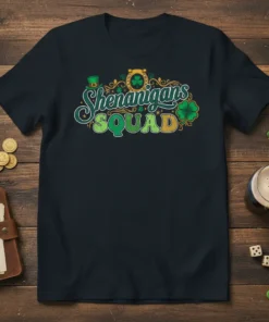 Shenanigans SQUAD text with shamrocks and a horseshoe graphic on a navy t-shirt for St. Patrick's Day