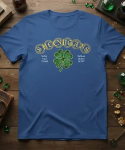 Blue t-shirt with "Shenanigans Sulfur Gallium" text and a four-leaf clover graphic, featuring atomic numbers and symbols