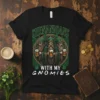Shenanigans With My Gnomies t-shirt design featuring three gnomes holding beer mugs, with shamrock accents and green celtic knot border