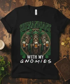 Shenanigans With My Gnomies t-shirt design featuring three gnomes holding beer mugs, with shamrock accents and green celtic knot border