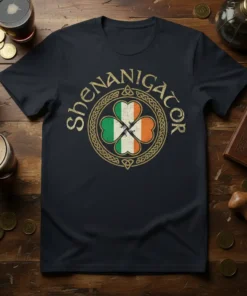 Shenanigator t-shirt with Irish flag shamrock design and Celtic knot border