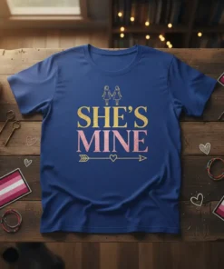 She's Mine lesbian couple pride t-shirt design with gold and pink glitter text and two figures holding hands