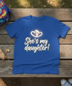 Blue t-shirt with "She's my daughter!" text and glowing heart graphic, perfect for proud parents