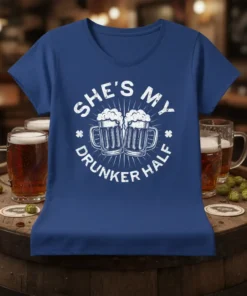 She's My Drunker Half t-shirt design with two beer mugs graphic and white text