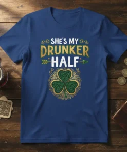 She's My Drunker Half text with a green and gold shamrock design, perfect for St. Patrick's Day couples
