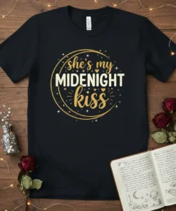 Black t-shirt with "she's my MIDENIGHT kiss" text design in gold and white, framed by a crescent moon graphic and