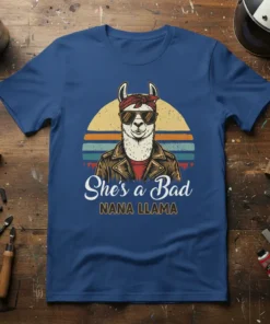 She's a Bad Nana Llama graphic t-shirt featuring a cool llama wearing sunglasses and a leather jacket, with a retro
