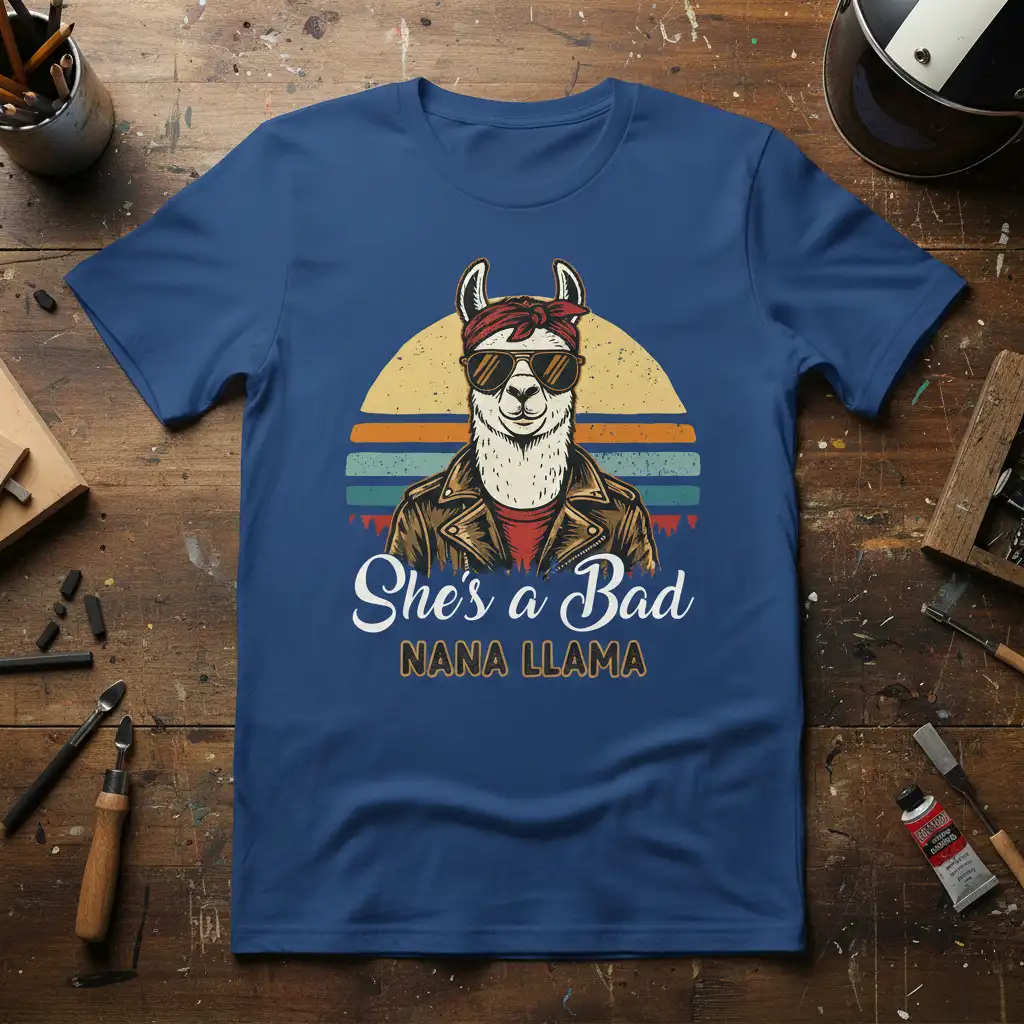 She's a Bad Nana Llama design on a t-shirt with a retro sunset and a cool llama wearing a leather jacket