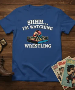 Blue t-shirt with "SHHH... I'M WATCHING WRESTLING" text and graphic of two wrestlers in a ring
