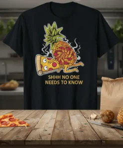 Funny "Shhh No One Needs To Know" text with cartoon pizza and pineapple characters on a black t-shirt