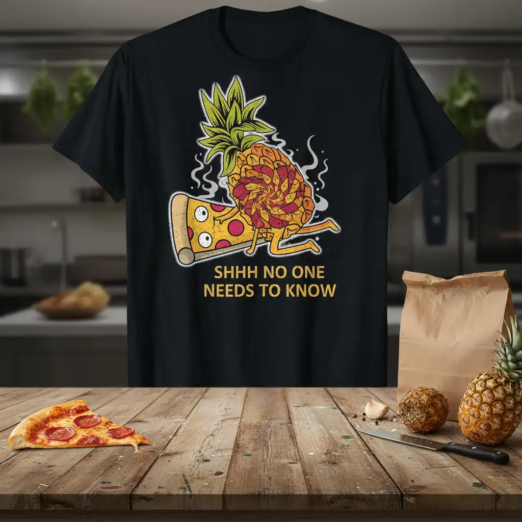 Humorous Shhh No One Needs To Know quote with a pizza and pineapple graphic on a black tee