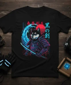 Shiba Inu in samurai armor holding a sword with Japanese text "春葵酌黒の剣" and a neon wave graphic