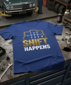Blue t-shirt with "Shift Happens" text and a gold gear shift pattern graphic, for car enthusiasts