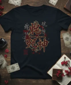 Shingami 死神 Japanese Kanji text design on a dark t-shirt, featuring traditional calligraphy and occult symbols