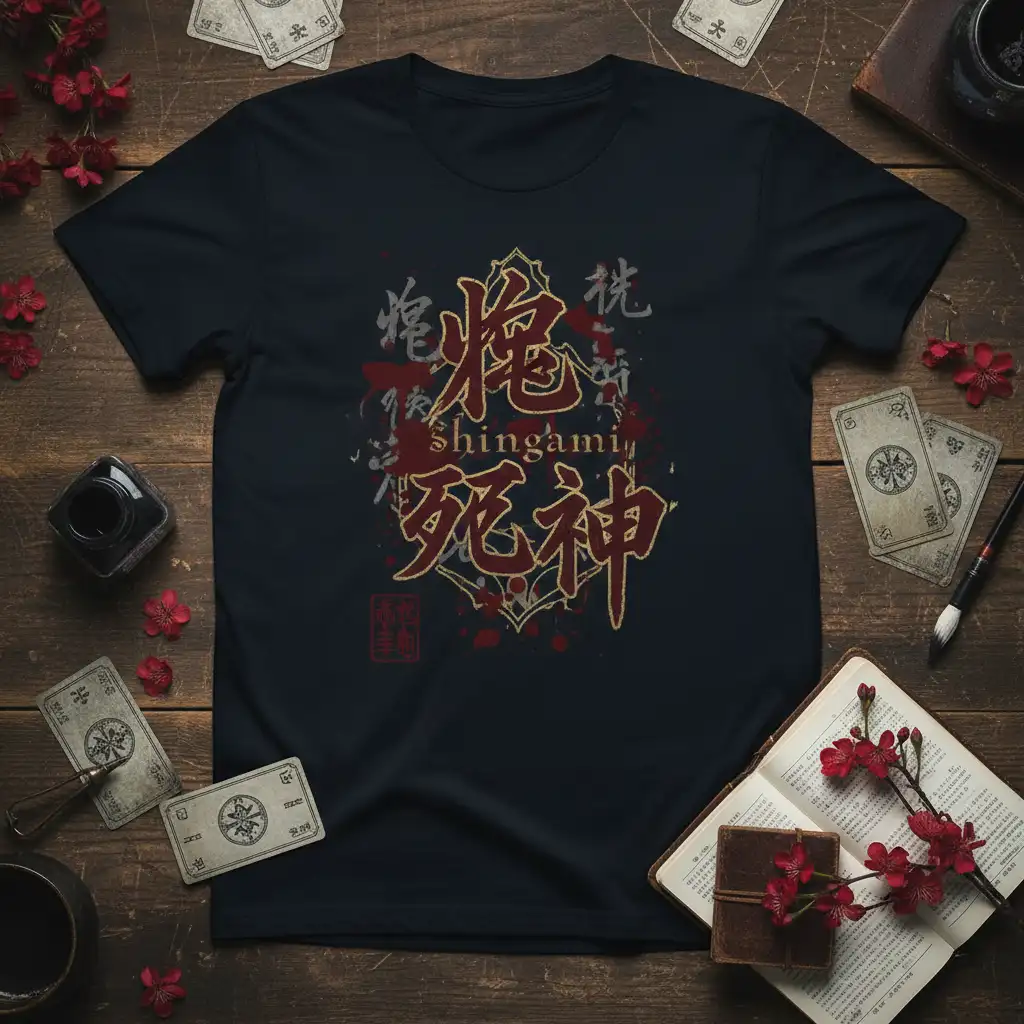 Shingami 死神 Japanese Kanji calligraphy design for anime and dark fantasy fans, detailed with occult symbols