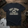 Shit Show Crew Member text with gear graphic and wrenches on a navy blue t-shirt