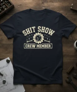 Shit Show Crew Member text with gear graphic and wrenches on a navy blue t-shirt