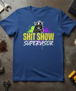 Shit Show Supervisor t-shirt design with a grumpy cat wearing a hard hat and colorful paint splatters