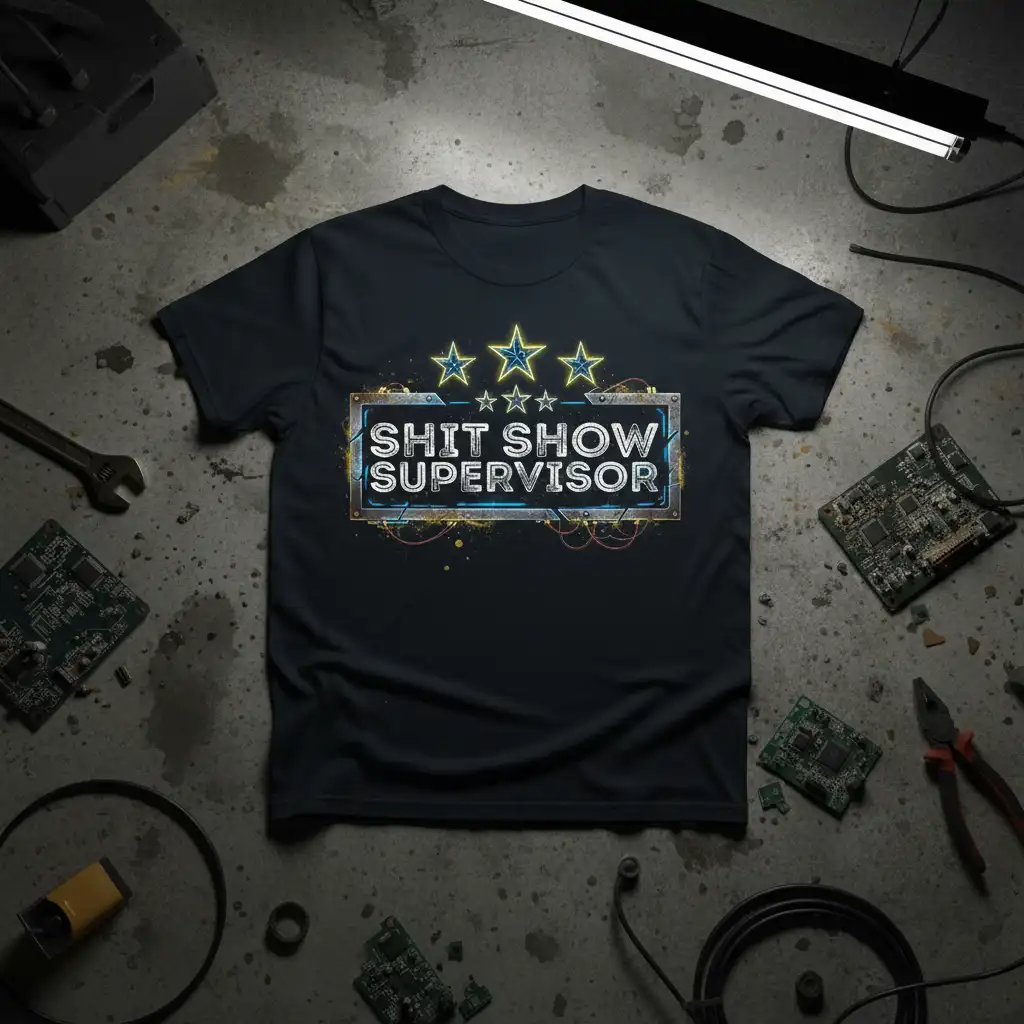 Shit Show Supervisor bold typography with neon effect and star graphics on a dark tee
