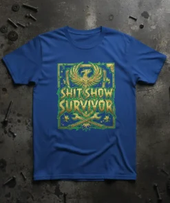 Shit Show Survivor t-shirt with a golden phoenix graphic and crossed wrenches, featuring bold green and gold typography