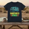 Shitter's Full text with monster truck camper graphic on a navy blue t-shirt, camping humor design