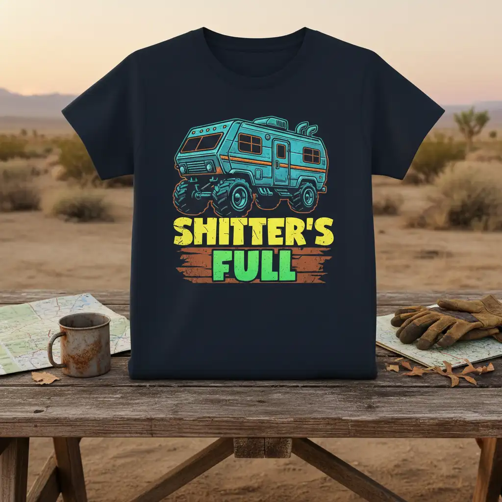 Funny Shitter's Full text with monster truck RV camper graphic, perfect for camping humor enthusiasts