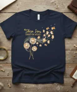 Shiza Inu Dandelion Wishes t-shirt design featuring fluffy dandelions and flying Shiba Inu puppies in a golden gradient
