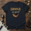 SHOFAR So Good t-shirt design with a golden shofar horn graphic and festive stars
