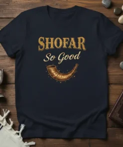 SHOFAR So Good t-shirt design with a golden shofar horn graphic and festive stars