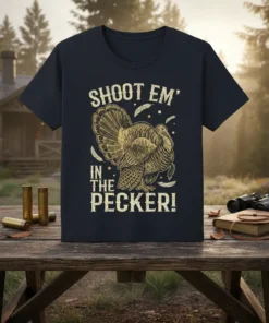 T-shirt with "Shoot Em' In The Pecker!" text and a detailed illustration of a turkey in flight