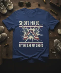 T-shirt with "Shots Fired... Let Me Get My Shoes" text and winged running shoes graphic