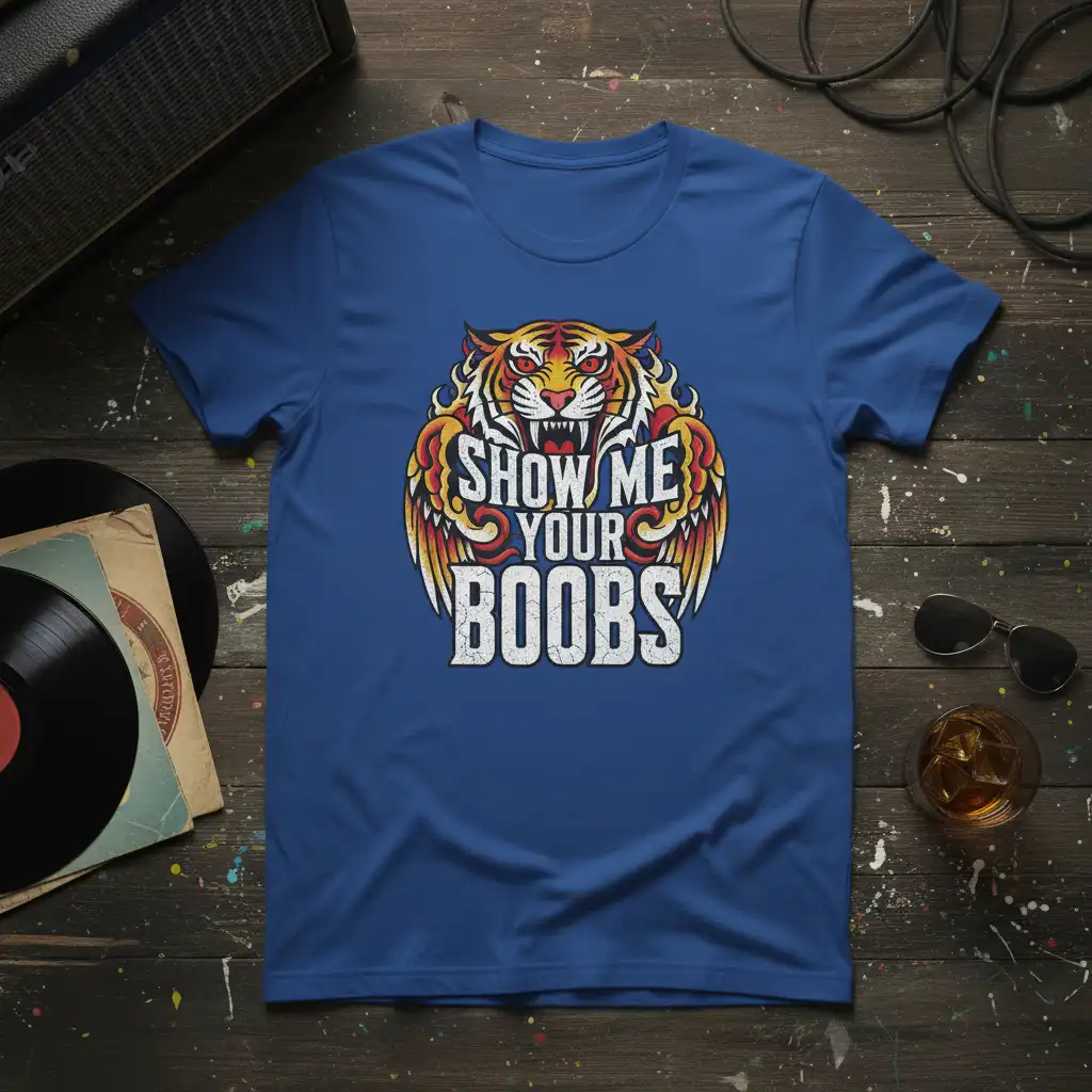 Show Me Your Boobs text design with a roaring tiger and vintage wings graphic