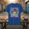 Show Me Your Kitties t-shirt with neon outline featuring four smiling cartoon cats in various colors and yarn balls