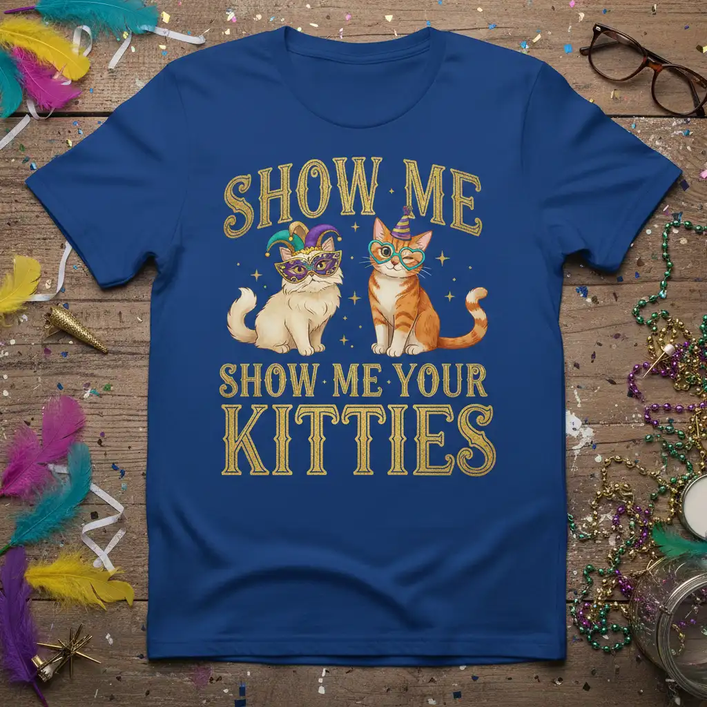 Show Me Show Me Your Kitties text and two cats wearing Mardi Gras masks and hats on a blue t-shirt