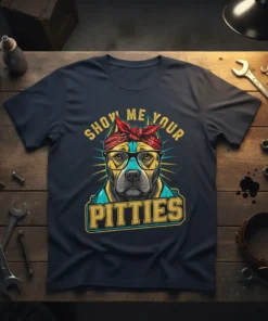 Show Me Your Pitties graphic tee featuring a pitbull wearing glasses and a bandana